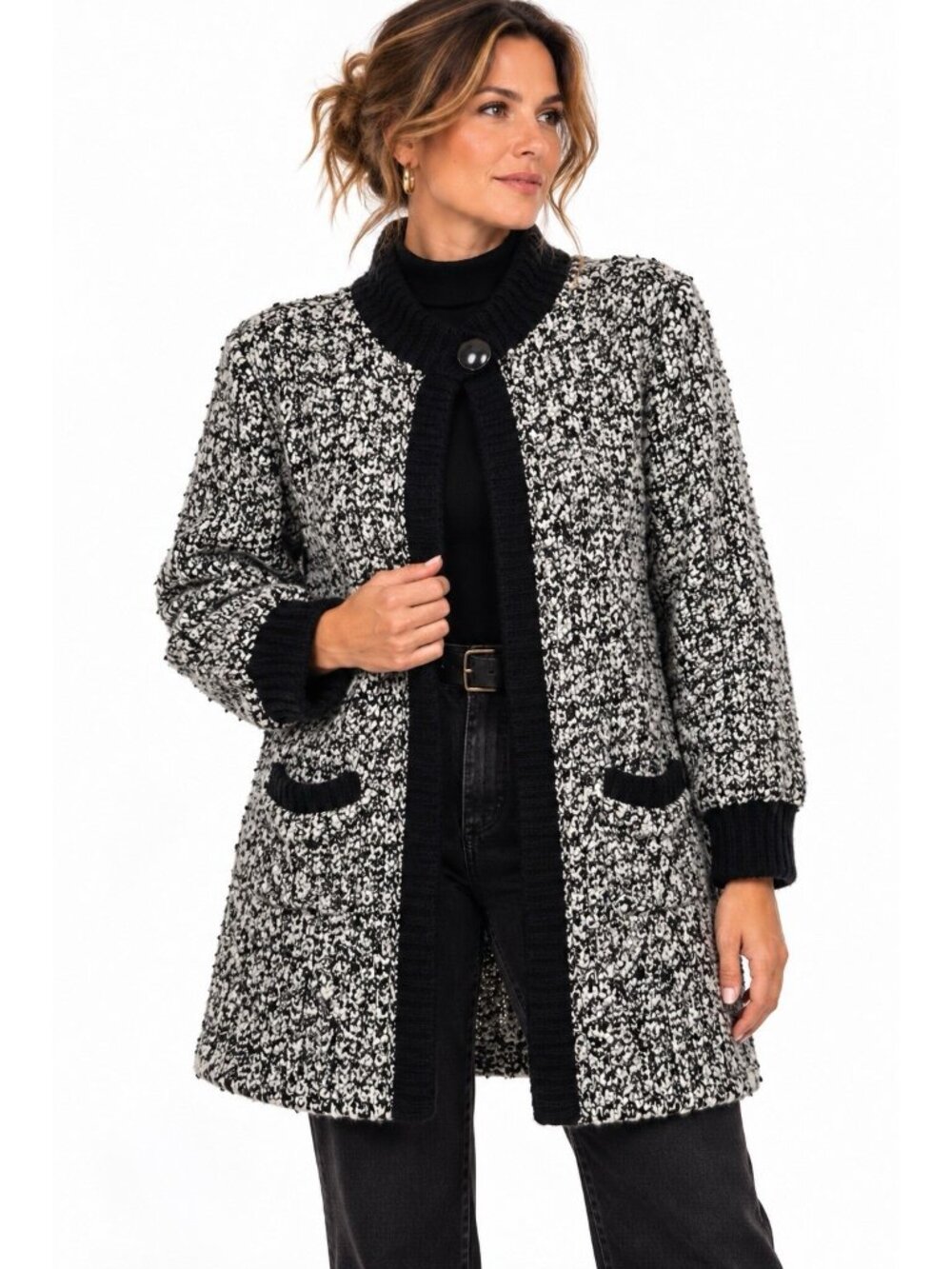 vintage 80s chunky knit LONG SWEATER COAT LARGE black outerwear boho style heavy
